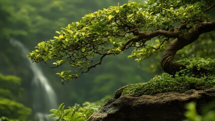Fototapeta premium Serene Bonsai Tree and Waterfall Landscape