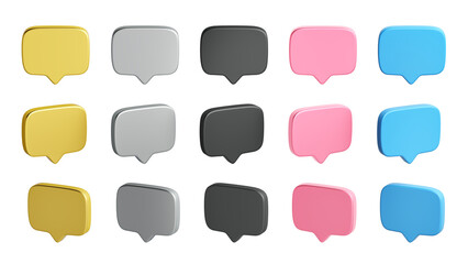 3D icons set Speech bubble, chat box, text box. message mail cute. chatting element frame silver, black, pink, blue. object PNG file. 3D Illustration.