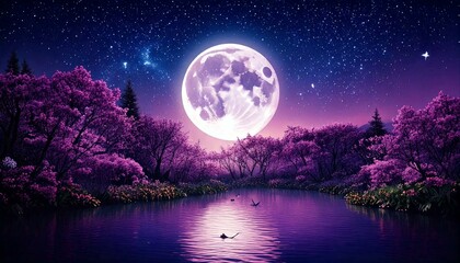 Fantasy Purple Moonlit Landscape – Dreamy Night Sky Over a Tranquil Lake