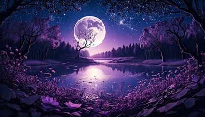 Fantasy Purple Moonlit Landscape – Dreamy Night Sky Over a Tranquil Lake