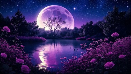 Fantasy Purple Moonlit Landscape – Dreamy Night Sky Over a Tranquil Lake