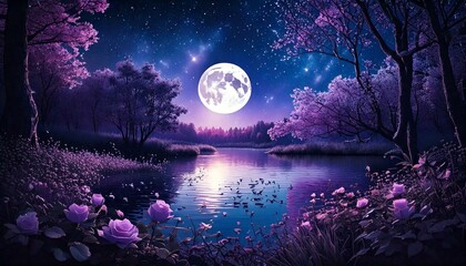 Fantasy Purple Moonlit Landscape – Dreamy Night Sky Over a Tranquil Lake