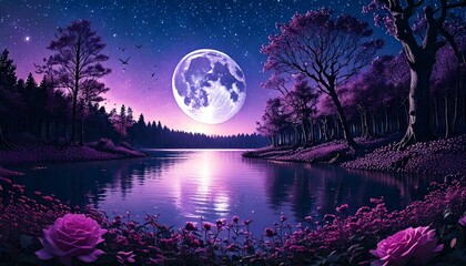 Fantasy Purple Moonlit Landscape – Dreamy Night Sky Over a Tranquil Lake