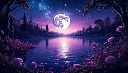Fantasy Purple Moonlit Landscape – Dreamy Night Sky Over a Tranquil Lake