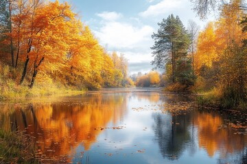 Obraz premium Autumn River Bend with Colorful Foliage and Calm Water Reflections
