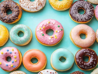 Colorful Assorted Donuts in a Circular Pattern on Turquoise Background with Copy Space
