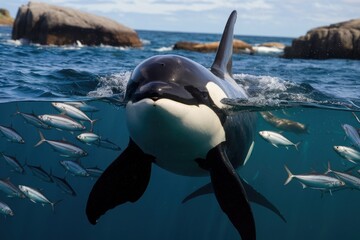 Obraz premium Close-up of Killer Whale Hunting Fish, Split-Level View, Natural Light, Deep Blue Ocean, Coastal Rocks Backdrop