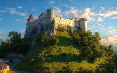 Ostroh Castle Fortress on Green Hill with Orthodox Church and Golden Dome in Ukraine