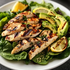 A wholesome leafy salad featuring fresh greens such as romaine and spinach, topped with grilled chicken strips, avocado, and a light lemon dressing, presented elegantly on a white plate.