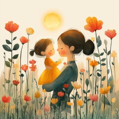 Cheerful Mother and Daughter Playing Together with a Kite