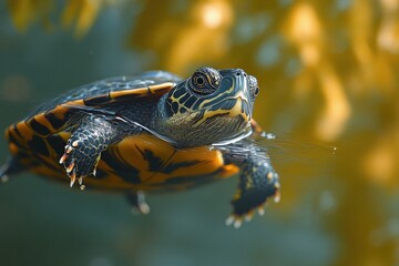 Fototapeta premium Close-up of a Turtle Swimming in Clear Water with Intricate Shell Details and Aquatic Plants