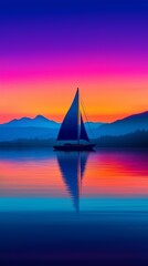 Fototapeta premium A serene landscape featuring a sailboat gliding across calm waters at sunset, surrounded by majestic mountains and a vibrant sky filled with hues of pink, purple, and blue.