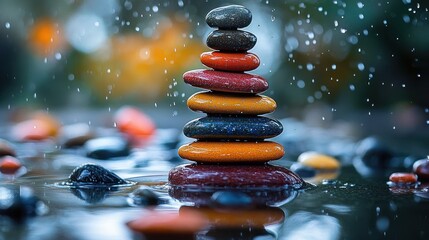 Obraz premium Balanced Serenity Vibrant Stones Stacked in Zen Garden Cairn for Mindfulness and Inner Peace