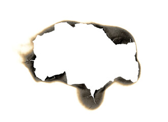 burned hole white paper background texture. Burn in paper with brown edges and flames isolated on a...