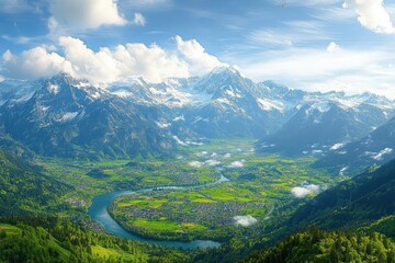 Naklejka premium Aerial View of Interlaken Switzerland with Snow-Capped Alps Lush Valleys Paragliding Adventure Scenic Landscape