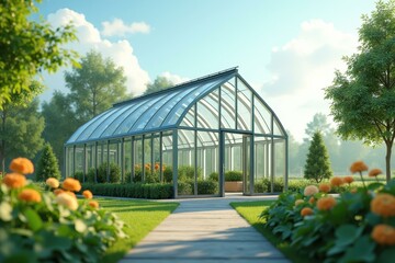 Obraz premium Plant care app Grow therapy Ai render Green steel Agrivoltaics Rerender vivosun Safex Chemicals Renogy Modern glass greenhouse with metal frame surrounded by vibrant garden plants and flowers, ideal 