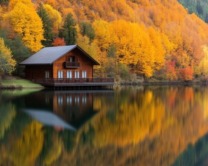 Fototapeta premium A serene wooden cabin nestled by a tranquil lake, surrounded by vibrant autumn foliage reflecting on the water's surface, creating a picturesque and calming outdoor scene.