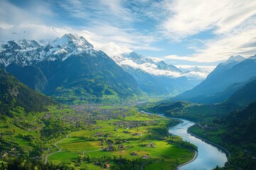 Aerial View of Interlaken Switzerland Snow Capped Alps Lakes Scenic Landscape with Paraglider
