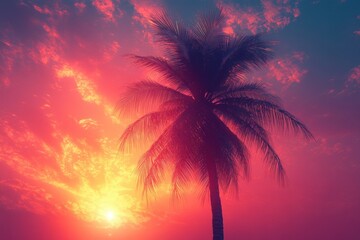 Obraz premium Tropical Sunset Scene with Silhouette of Palm Tree and Gradient Sky in Bold Colors and High Contrast