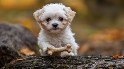 Adorable Small Puppy Holding a Bone on a Log in Autumn Forest