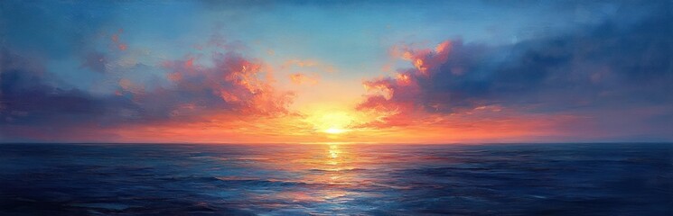 Fototapeta premium Serene Sunset Sky Over Calm Horizon with Illuminated Clouds in Soft Pastel Colors