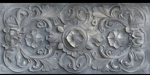 intricate gray floral geometric pattern in baroque style with cement texture