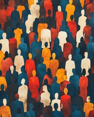 A dense crowd of diverse people, depicted in various colors and textures, viewed from above.