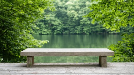 Fototapeta premium Serene lakeside bench, nature view, peaceful rest