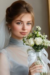 Bridal Portrait of a Woman in Grey Gown with Flowers and Vase