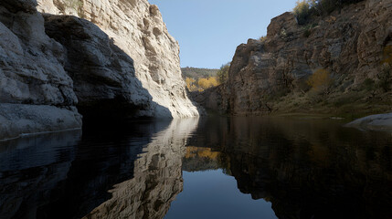 Calm canyon river reflection, autumn foliage, travel