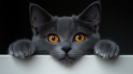 Gray cat peering over, dark background, pet ad