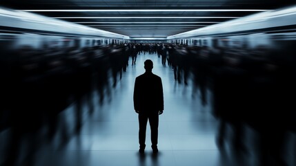 Obraz premium A solitary figure stands amidst a crowd in a dimly lit environment, symbolizing feelings of isolation and contemplation
