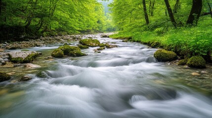 Obraz premium Serene Flowing Stream Amidst Lush Green Forest Landscape