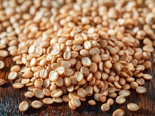 Fototapeta premium Raw quinoa seeds scattered on wooden table close-up healthy food background