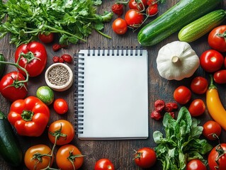 Fresh Vegetables Herbs Notepad Cooking Ingredients Wooden Table Top View