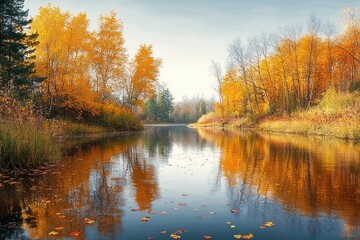 Autumn River Bend with Reflections of Colorful Foliage and Tranquil Water in a Serene Forest Landscape