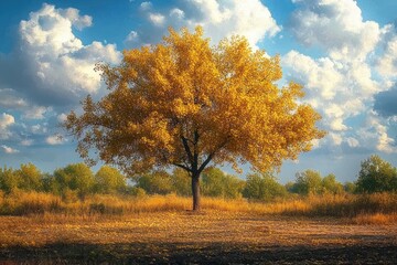 Fototapeta premium Resilient Autumn Landscape After Wildfire Showcasing Vibrant Tree Amidst Burnt Field Under Blue Sky