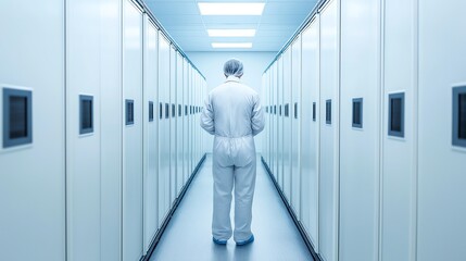 A sterile environment featuring a person in a protective suit standing in a brightly lit corridor lined with storage units, emphasizing cleanliness and precision in scientific rese