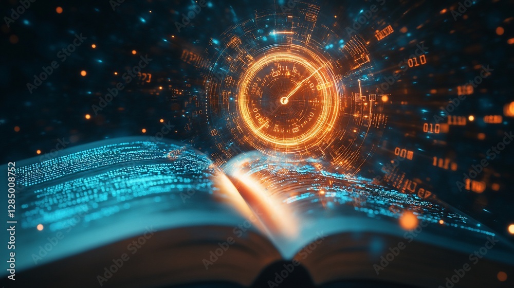 Aufkleber open book with digital data and glowing lights creating a portal effect