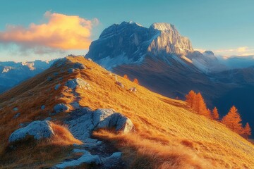 Obraz premium Majestic Dolomite Mountains in Autumn Scenic Path with Dramatic Lighting and Rugged Rocky Peaks