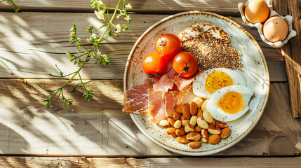 A plate of low-fat, high-protein foods on a rustic table. Health care
