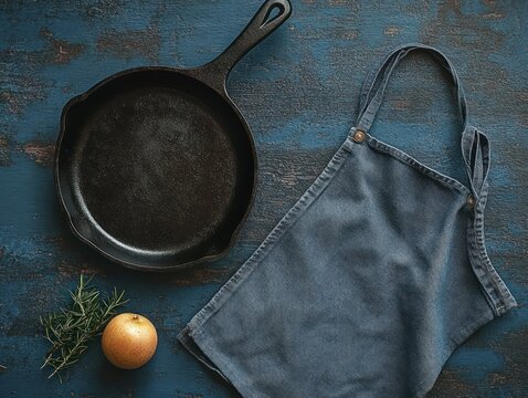 Rustic Kitchen Scene with Cast Iron Skillet and Linen Apron in Dark Blue Palette