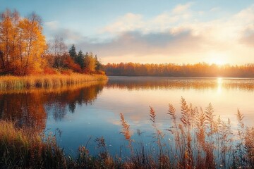 Obraz premium Tranquil Autumn Landscape Calm Lake Vibrant Foliage Golden Hour Reflection