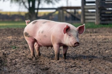 Frontal View, Rural Setting, Natural Light, Spotted Pig, Rustic Fence Backdrop, Serene Farm Scene