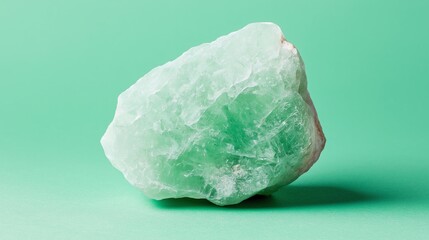 A stunning close-up of a raw green crystal on a vibrant mint background, showcasing its unique texture and color. Perfect for illustrating geology or natural beauty.