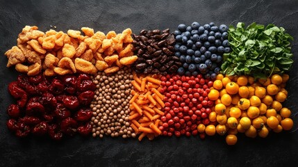 Fototapeta premium Healthy food variety, dark background, flatlay, recipe