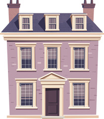 Fototapeta premium Historic style purple house with a symmetrical facade and classic windows cartoon isolated on transparent background. Vector illustration.
