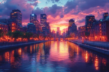 Obraz premium Panoramic View of Phoenix Lake in Dortmund Germany City Skyline and Florian Tower at Dusk