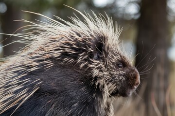 Detailed profile of a North American Porcupine with sharp quills, black fur, against a natural blurred background in soft, muted natural light