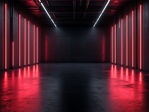 Red Neon Lights in Dark Room with Reflective Floor